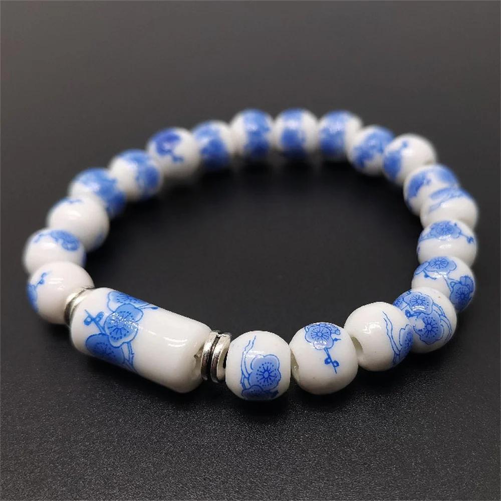 B21 Blue White Pattern Creativity Porcelain  Printing Exquisite Stretch Bead Bracelet 8MM  Plum Blossom Bead Bracelet Jewelry