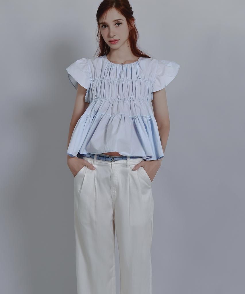 Keulleiseu Frill Round Neck Short Sleeve Blouse_Yellow