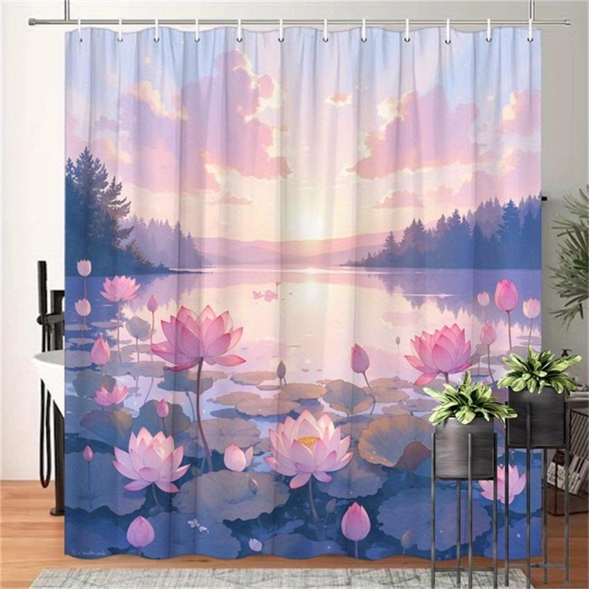 

1pc Tranquil Sunset Lake Shower Curtain - Pastel Sky & Water Lilies, Polyester, 70.8x70.8 , 12 Hooks, Easy-Care W90XH180cm