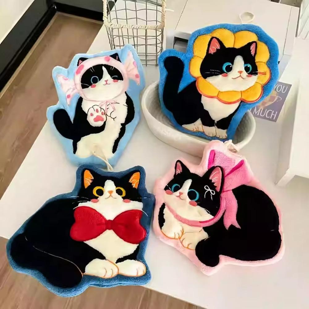 2pcs Water Absorption Cartoon Cat Hand Towel Coral Fleece Kitchen Handkerchief  Dinning Table