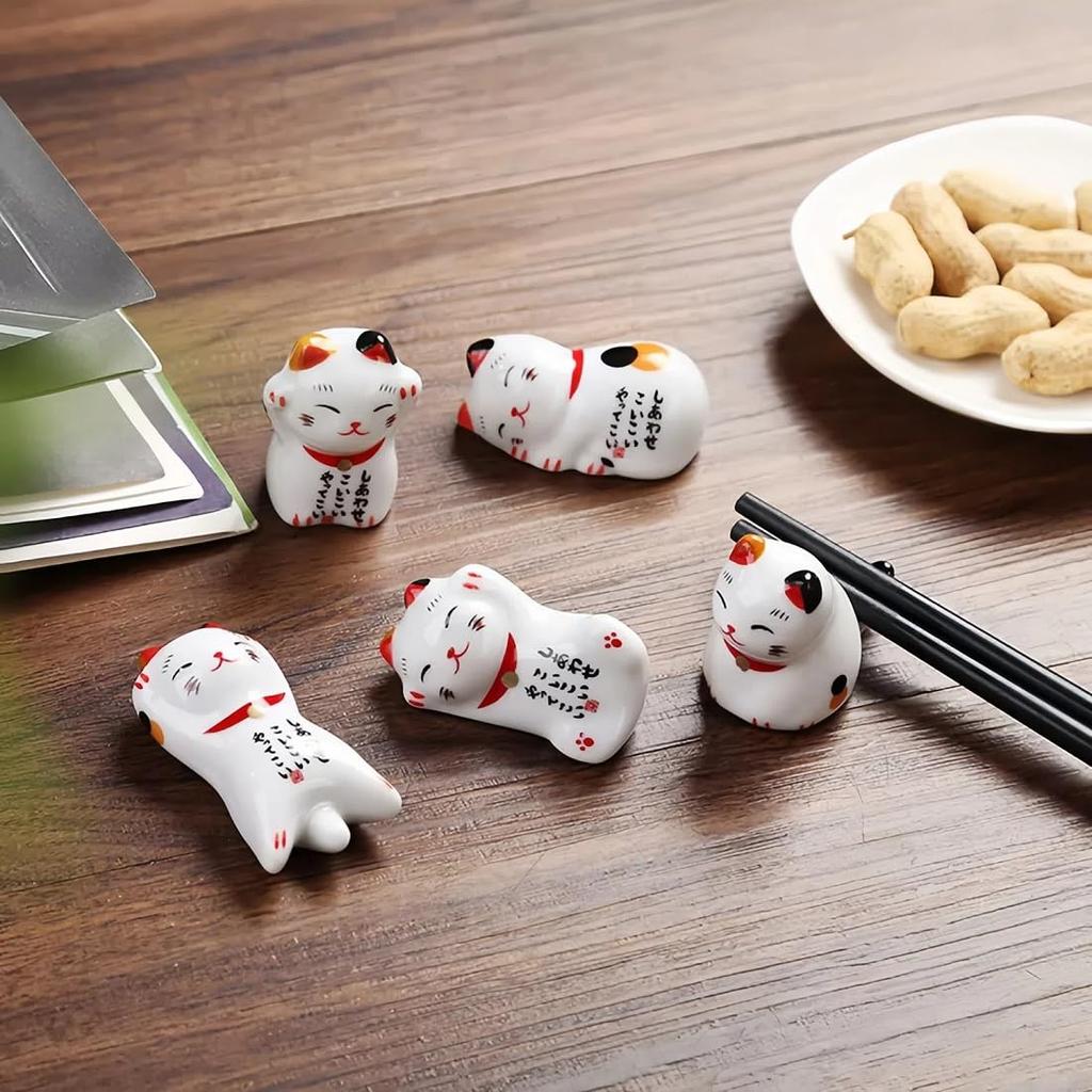 BUYUP Chopstick Set of 5 Cute Japanese Cat Chopstick Brush Miniature Small Interior Ceramic Rests, Cats, Style, Lucky, Happy, Pillow, Rest, Ornament,