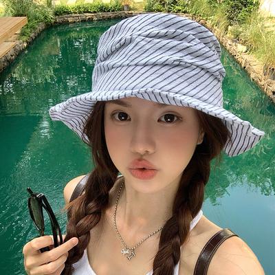 Striped Pleated Flat Top Bucket Hat Women's Summer Cotton and Linen Thin Breathable Literary Temperament Basin Hat Sun Hat