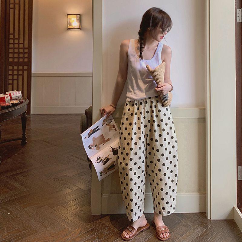 

Women s Beige Black Polka Dot Loose Harem Pants High Waist Casual Trousers S бежевий