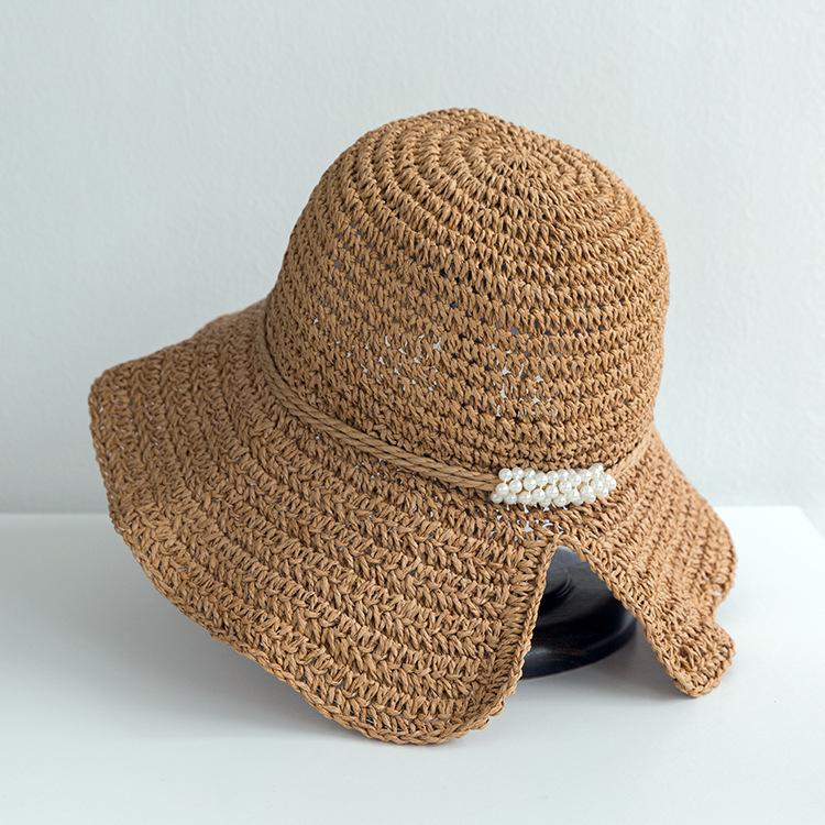 Stroh hohler Strohhut Damen Sommer Reise Strand Sonnenschutz Hut mit großer Krempe Mode Perlendekoration faltbarer Sonnenhut