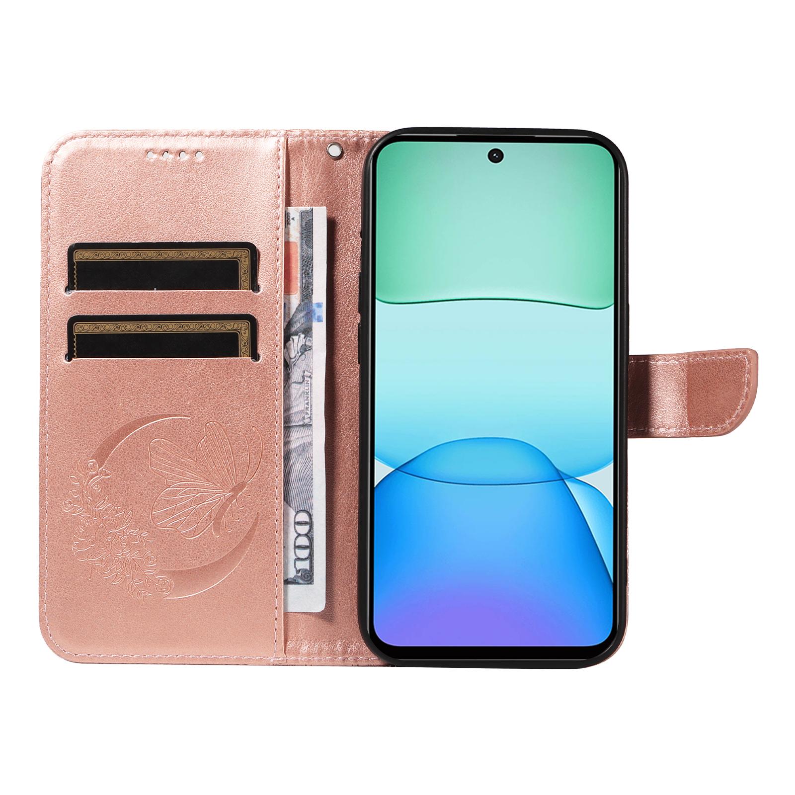 

For Xiaomi Redmi 13 5G/13 4G Case Butterfly Pattern Leather Phone Wallet Cover Rose Gold