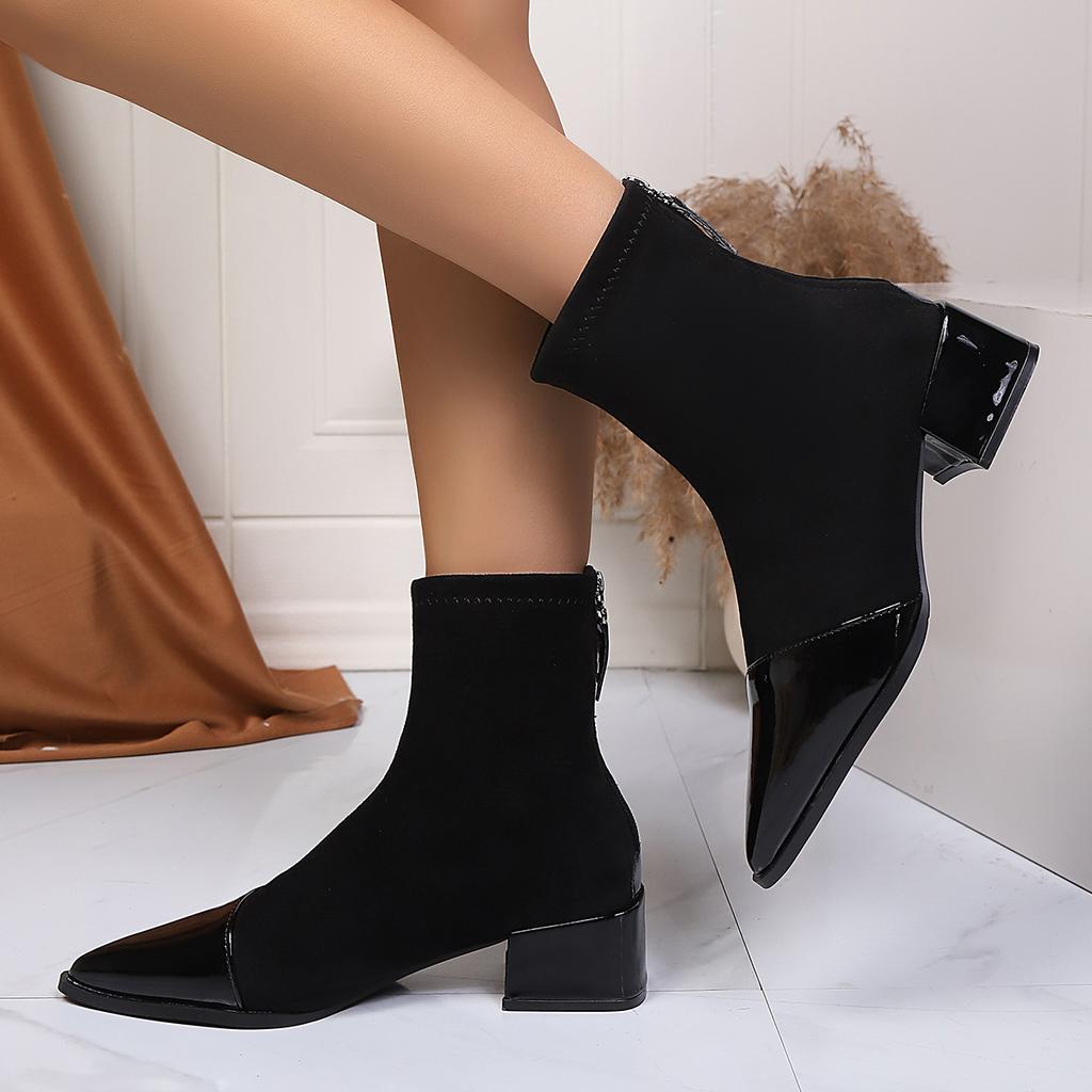 Vintage Patent Leather Pointed Toe Thick Heel Ankle Boots Women  Autumn  Elastic Suede Short Boots Woman's Winter Shoes