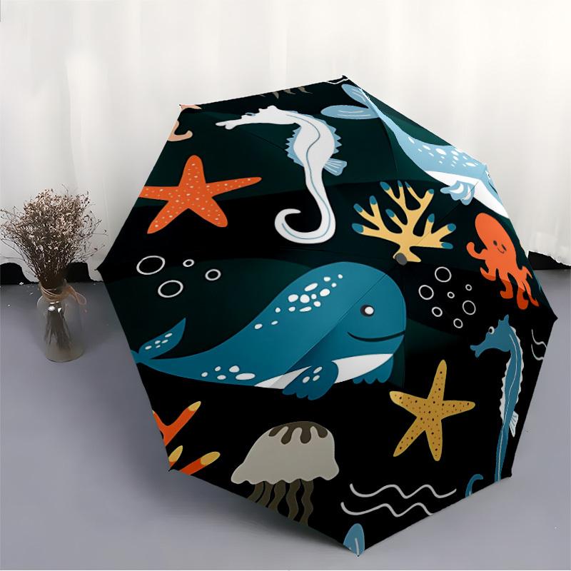 1pc Ocean Creatures Automatic Folding Umbrella, 8-Rib Durable Iron Frame, Compact Travel Umbrella for Women & Men 013