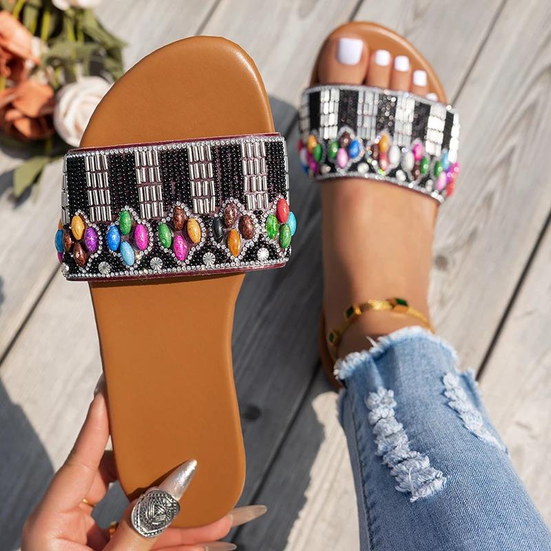 Fashion Fashion Shiny Sequins Square Heel Slides Women Beach Comfortable Low Heel Slippers Female New Weightlight Soft Sole Sandal Mujer