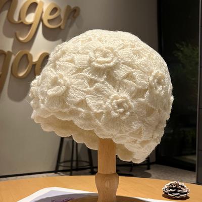 Hat Women's Winter  New Baotou Wool Hat Hand Hooked Flowers Warm Knitted Hollow Ladies Cover White Hair