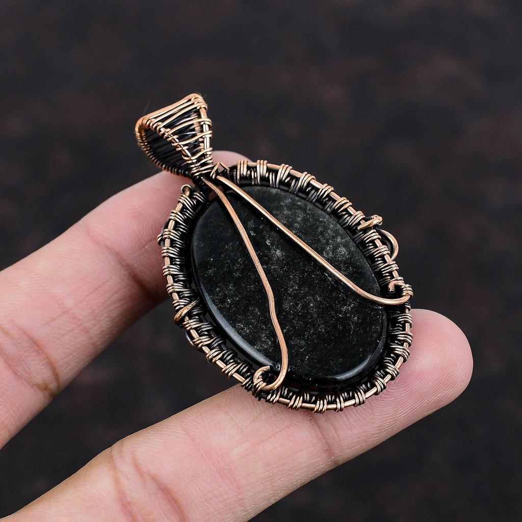 Stříbrný lesk Obsidiánový přívěsek měděný drát omotaný přívěsek Unikátní měděný design šperků Ručně vyrobený přívěsek z drahokamů Svatební dárek drátěný šperk