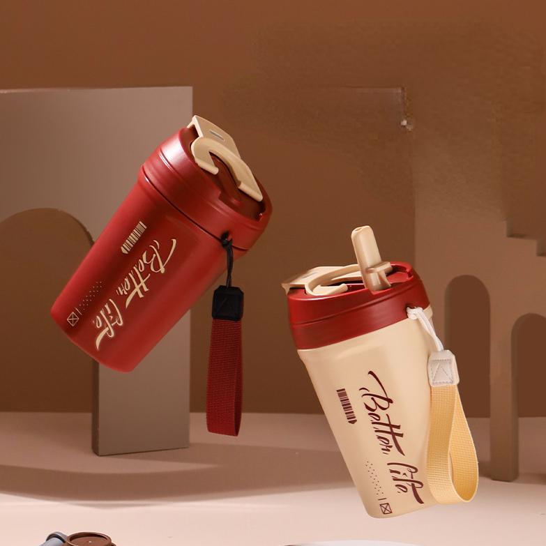 620ml Stainless Steel Vacuum Flask with Retractable Straw Leak-Proof Coffee Tea Cold Drink Bottle Car Thermos Mug