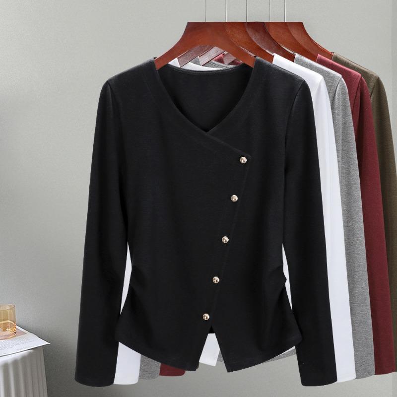 Long-sleeved T-shirt Women's Autumn Clothing New Women's Clothing Temperament Collar Shoulder Solid Color T-shirt Design Sense Split Top