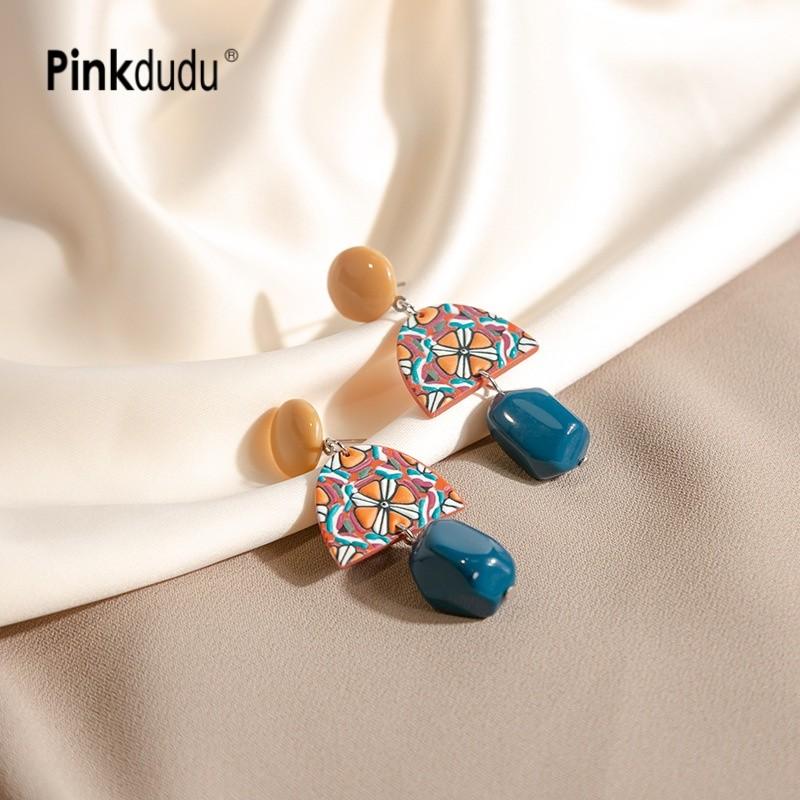 Pinkdudu Statement Color Block Earrings  Long Asymmetric Geometric Dangles in Vibrant Yellow and Blue PD1200