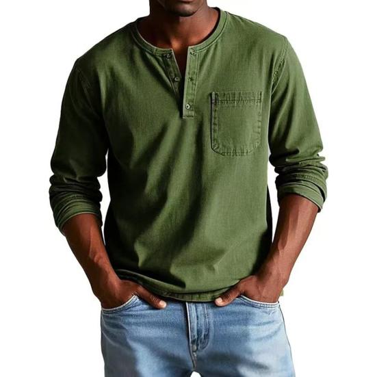 Maglietta da uomo Girocollo Bottoni Colletto Manica Lunga T-shirt con Taschino Frontale Tinta Unita Vestibilità Slim Top Casual