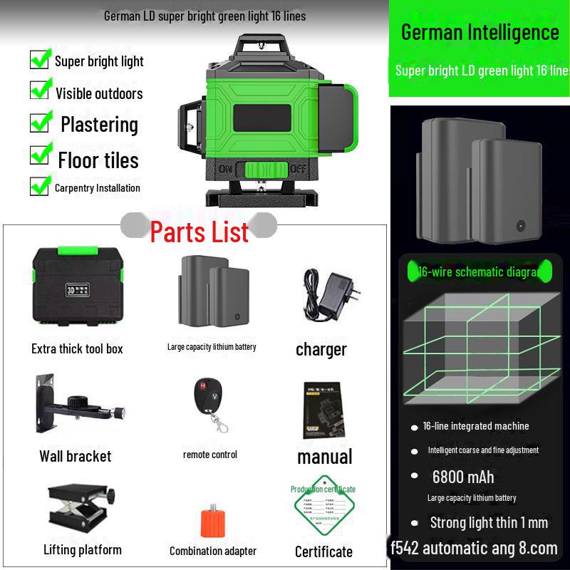 High-Precision 16-Line Green Laser Level Meter with Automatic Leveling