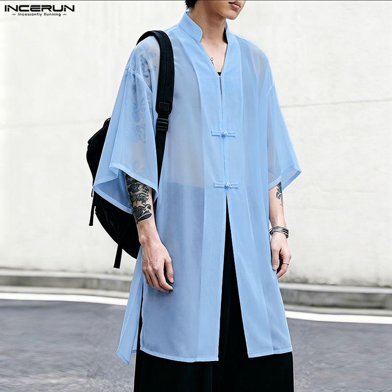 INCERUN Oversized Summer Men 3/4 Sleeve See Through Mesh Sheer Long Shirts Tops
