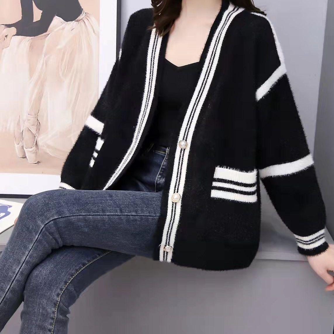

New spring and autumn lazy wind imitation mink fleece sweater cardigan women s loose casual knitted sweater jacket One size чёрный