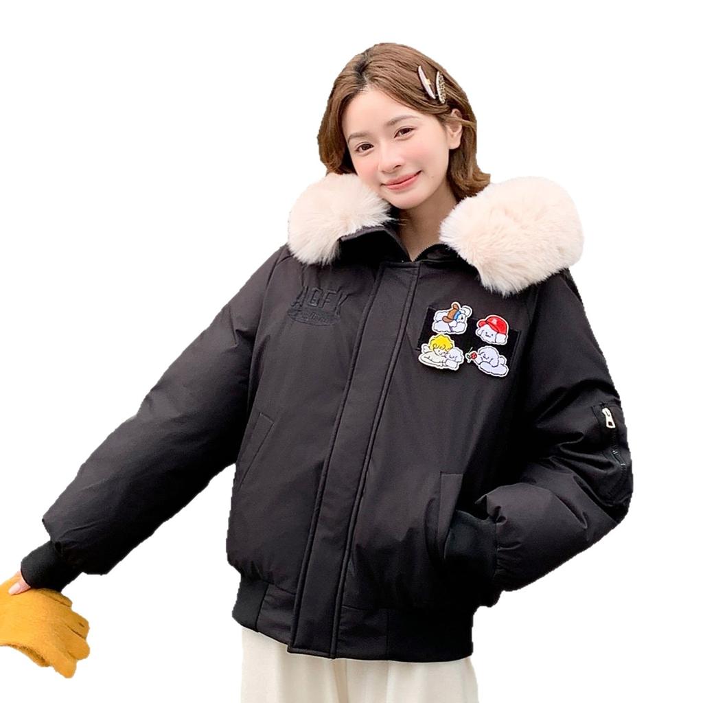 Solid color cartoon short cotton-padded clothes women's hooded big fur collar autumn and winter thickened thermal cotton jacket brick and mortar store