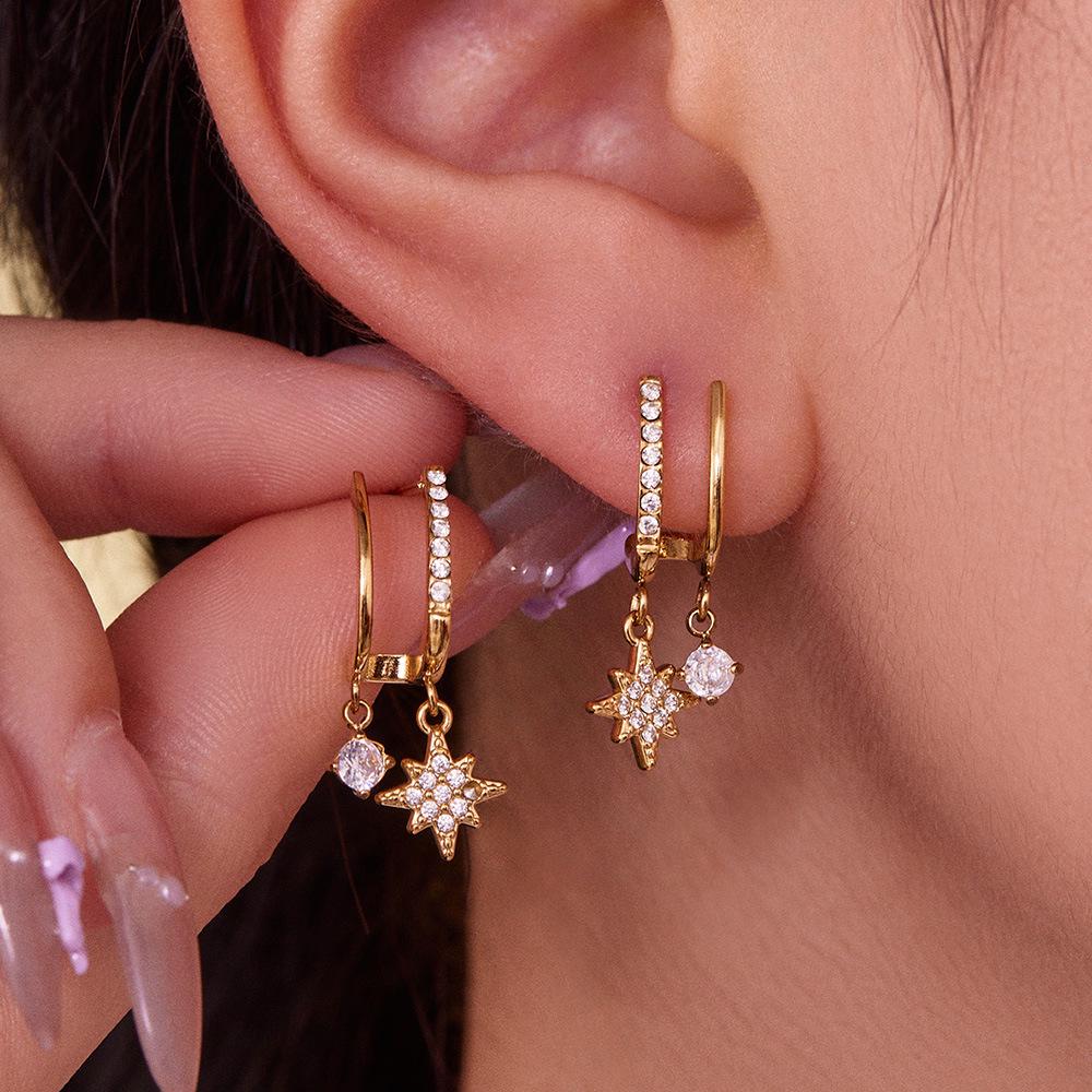 Qiong Yao 18K Gold Plated Zircon Star Pendant Stainless Steel Earrings