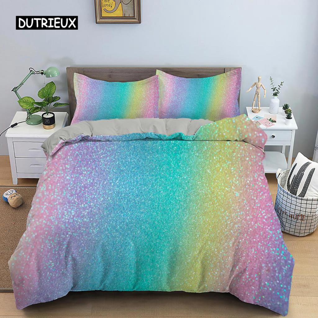 Regenbogen Bettbezug Set für Mädchen Regenbogen Stern Bettwäsche Set Mädchenhaft Glitzernd Doppel Queen King Size Weich und Bequem Bettdeckenbezug