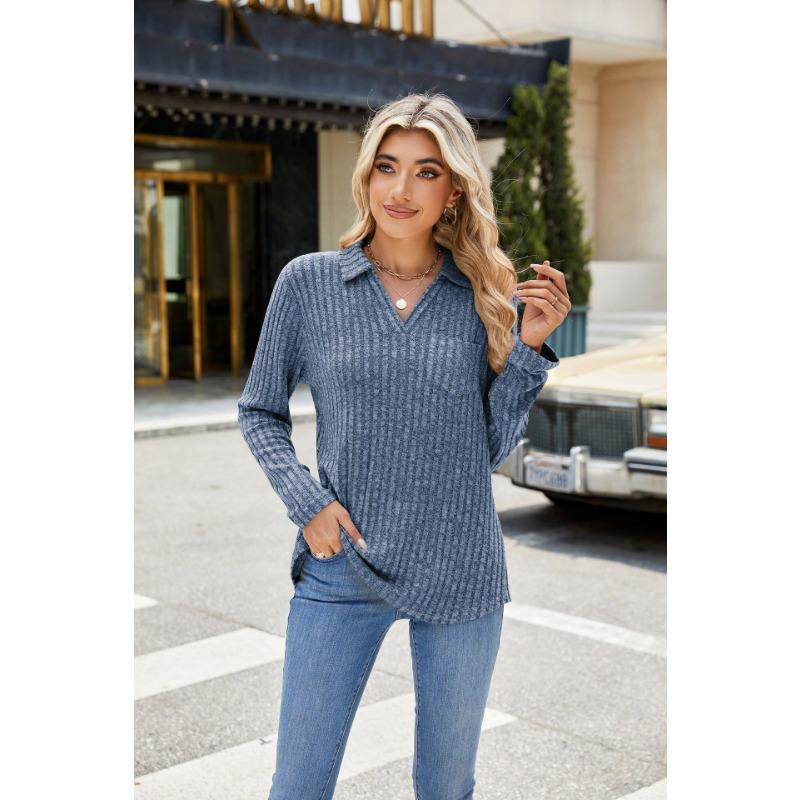 YYFS Women's Fashion Casual Spring Fall Solid Color Print Long Sleeve POLO Neck Blouses & Shirts