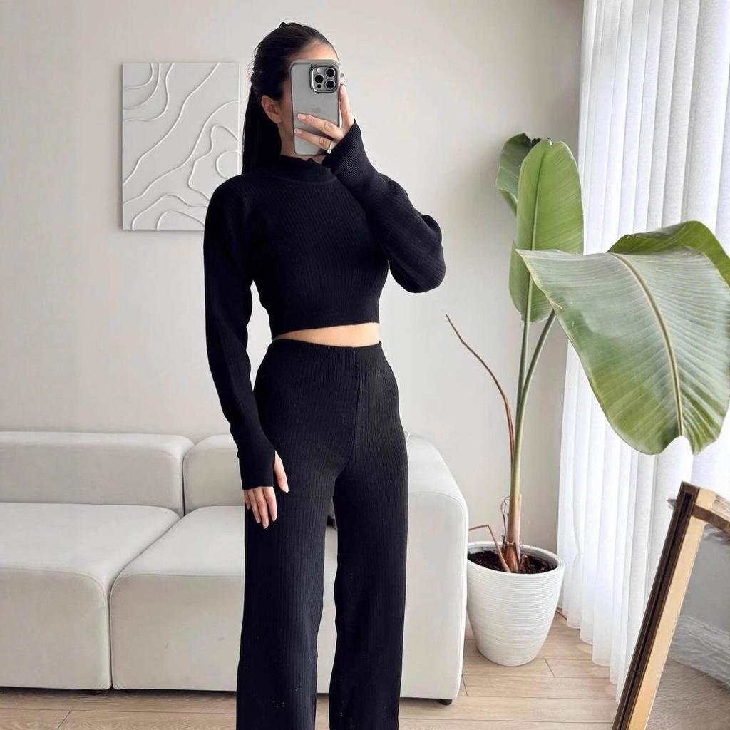 2025 Autumn Half-high Collar Long Sleeve Slim Fit Knit Sweater Set