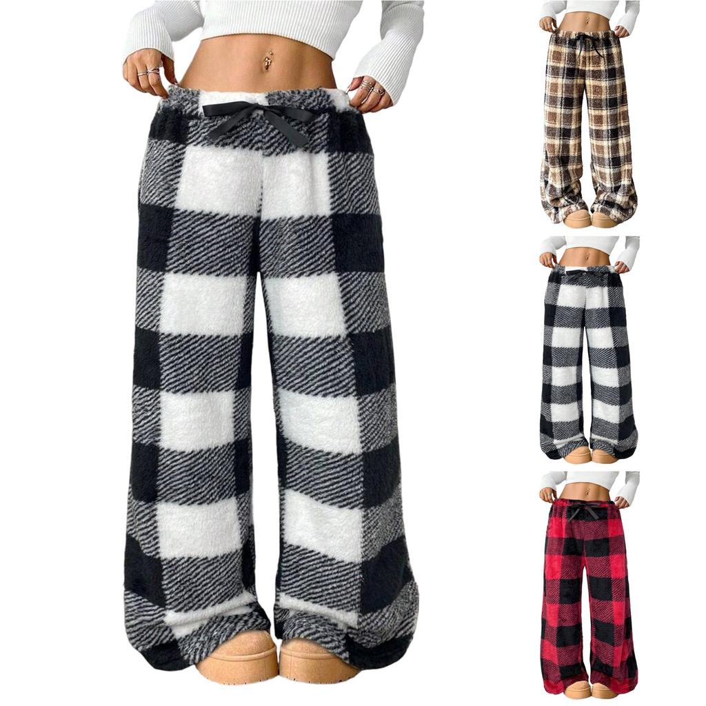 Women's Loose Elastic Drawstring Plush Checked Long Pants