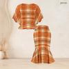Women Plus Size Printed Round Neck Batwing Short Sleeve Ruffle Hem Top Fishtail Skirt Two Piece Set