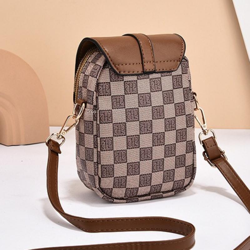 Women Mini Crossbody Phone Bag Flap Vintage Monogram PU Leather Double Zip Small Shoulder Bag with Adjustable Strap High Quality