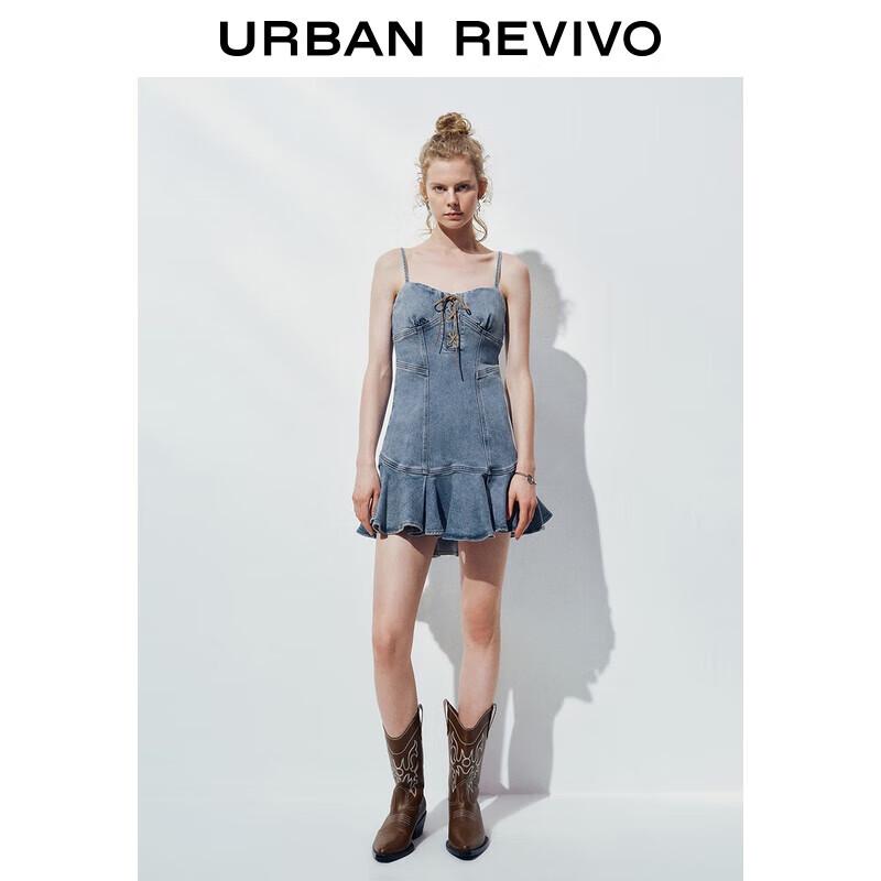 

UR 2025 Осеннее Ретро Кружевное Платье-Мини на Шнуровке из Денима на Бретелях XL