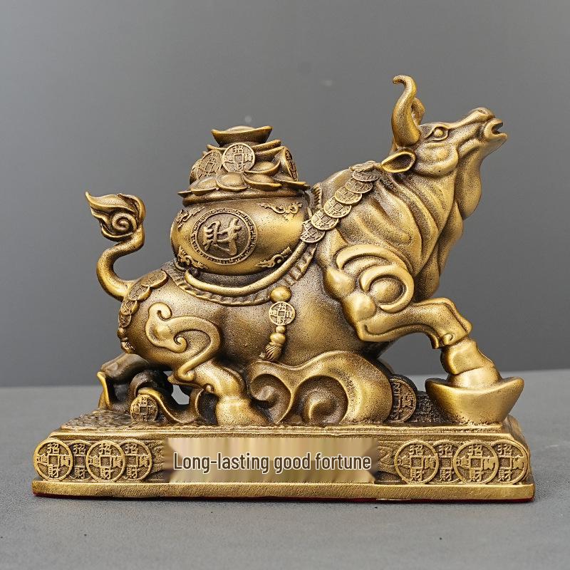Bronze Bull Figurine - Auspicious Wealth-Attracting Desk Decoration for Home or Office.