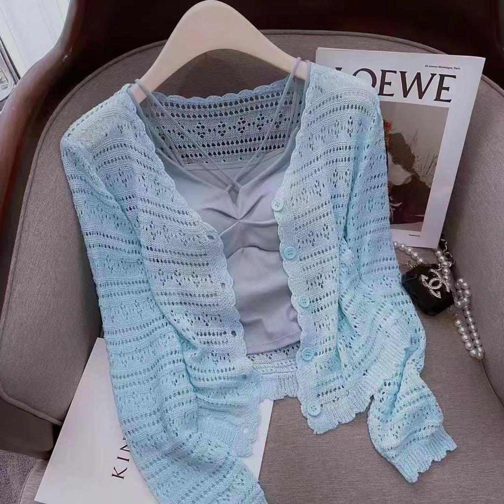2025 Women's Plus Size Ice Silk V-Neck Knit Cardigan - Summer Sun Protection, Solid Color, Thin, Hollow-Out Short Shawl Jacket