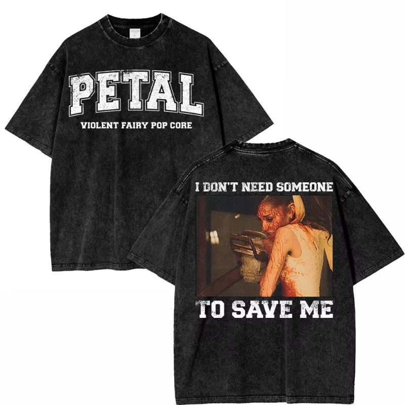 100% Cotton Vintage Washed Ariana Grande Petal Violent Fairy Pop Core T Shirt Men Letter Live Laugh Love Retro Loose Tees Shirts