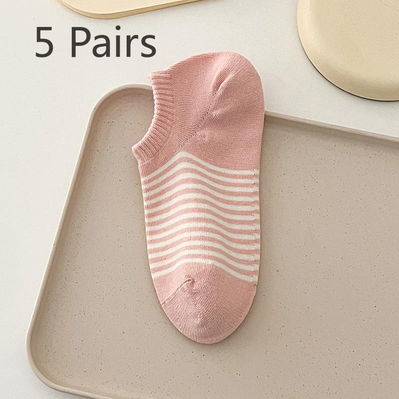 5 Pairs of Women's Spring and Summer Style Pinstripes with Light Mouth Cotton Boat Socks