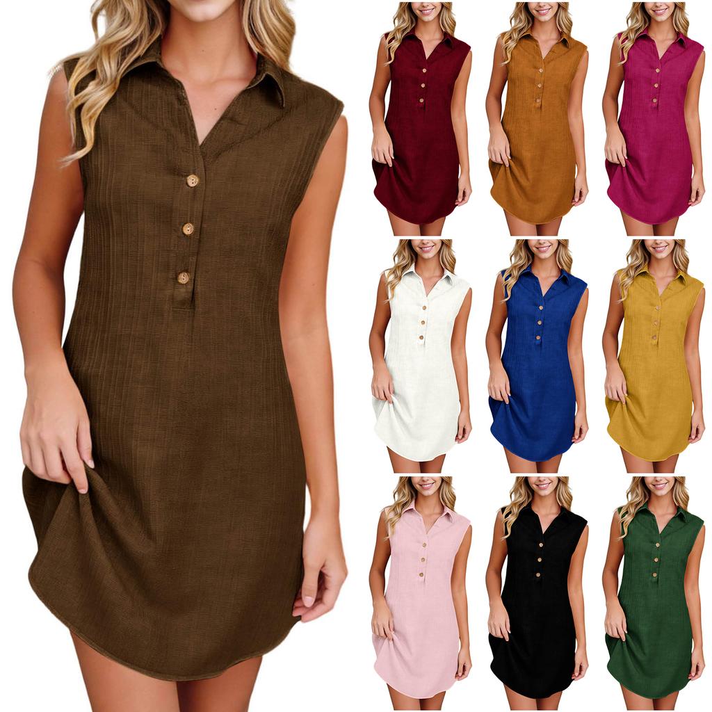 Sleeveless Shirt Dress for Women Button Front Casual Loose Fit Collared Summer Lightweight Tunic Dress