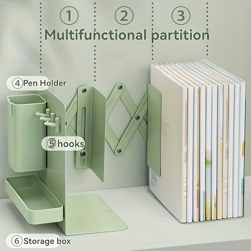 

Набор прочных и универсальных выдвижных книжных подставок с крючками-держателями для ручек и ящиками для хранения, складные настольные полки для хранения, толстые разделители 1pc зелёный