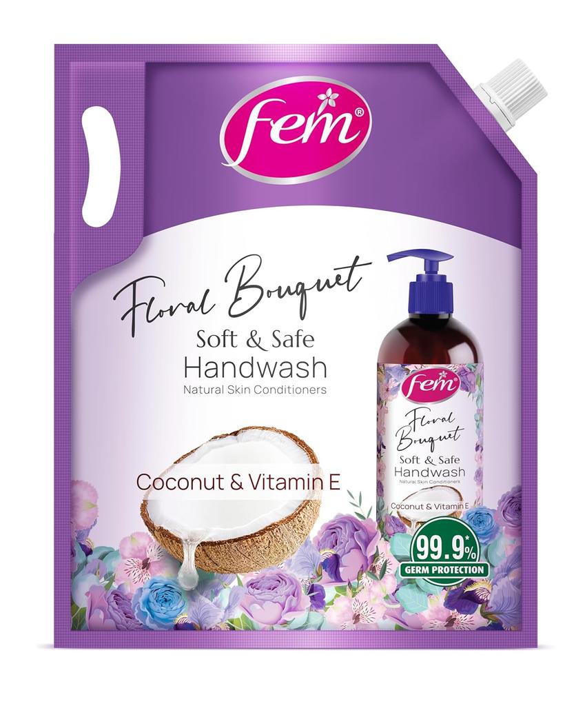 Dabur Fem Floral Bouquet Handwash 1500ml Pack | Soft & Safe Liquid Soap With Coconut Milk & Vitamin E | Moisturizing Germ Protection