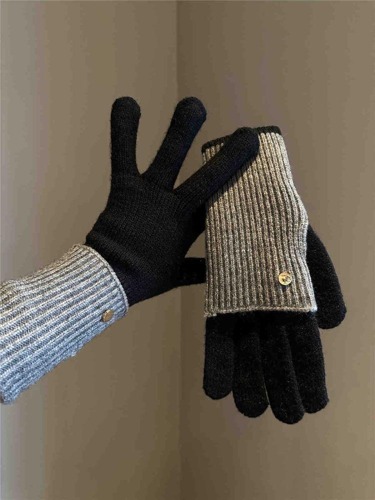 Autumn and Winter Long and Short Dual-purpose Color Matching Knitted Gloves Wool Can Touch The Screen To Play Mobile Phone Warm Riding Gloves