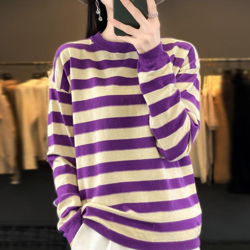 Women's Fashion Casual Stripe Print Autumn Winter Long Sleeve O-Neck Pullovers Sweaters