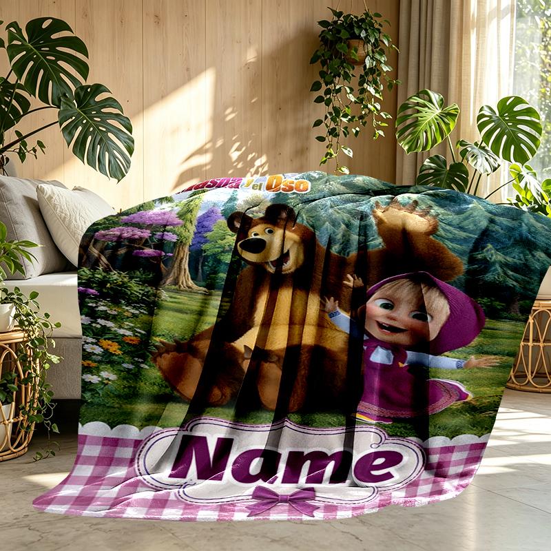 Custom Name Personalized Masha and The Bear Print Blankets, Home Decor, Bedroom, Sofa, Camping, Couch, Gifts for Birthday Christmas