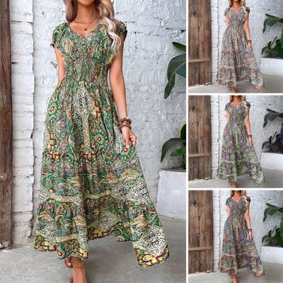 Summer Deep V-neck Short Sleeve Maxi Dress Bohemia Colorful Printing Elastic High Waist Ruffle Stitching Hem A-Line Beach Dress