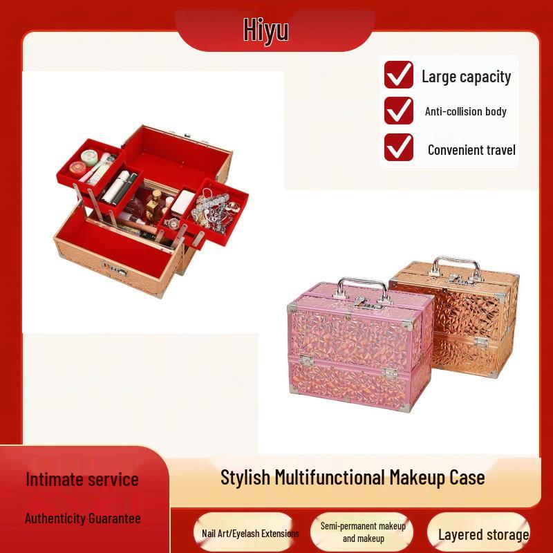 

Aluminum Multi-Layer Nail Art & Permanent Makeup Case - Large Capacity Portable Artist Bag 25.5x16.5x20cm рожевий