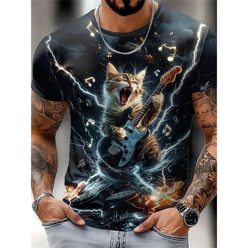 Summer Round Neck Funny Cat Pattern 3D Print Top Fashionable Casual Short Sleeved Men's T-shirts
