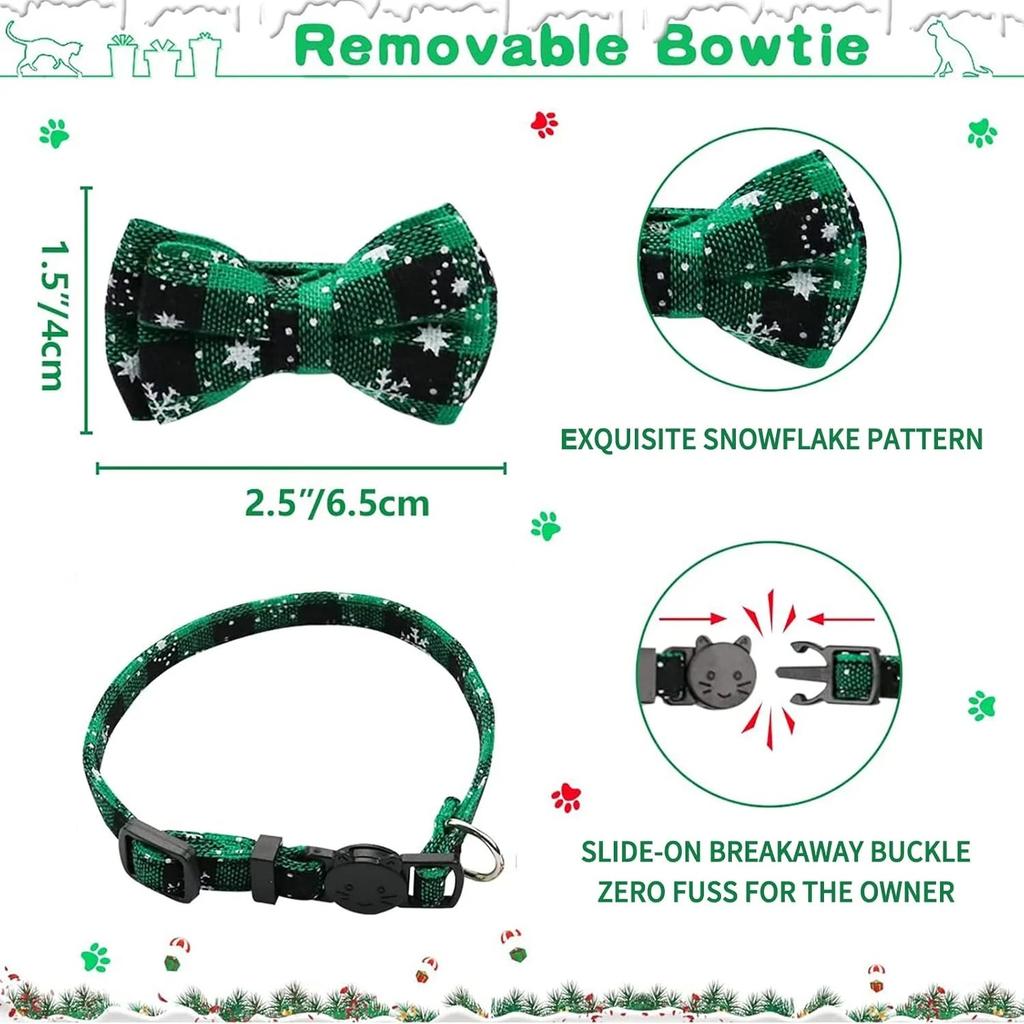 4 Pack Christmas Cat Collar, Breakaway Collar with Bell and Cat Bow Tie, Removable & Adjustable