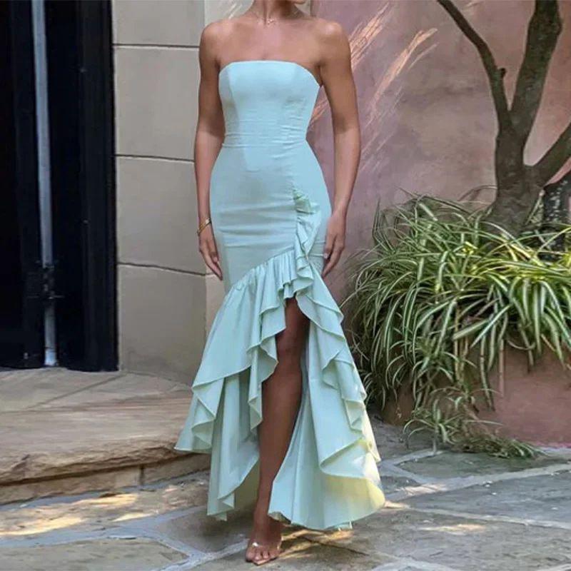 

2025 Slit Fashion Slim Fitting off Shoulder Dress Blue M