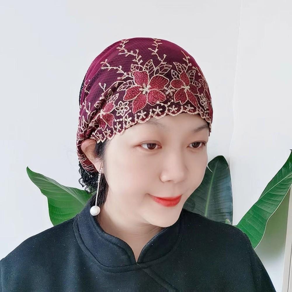 Soft Elastic Curly Hair Hat Embroidered Flowers Mesh Lace Pullover Cap  Headgear