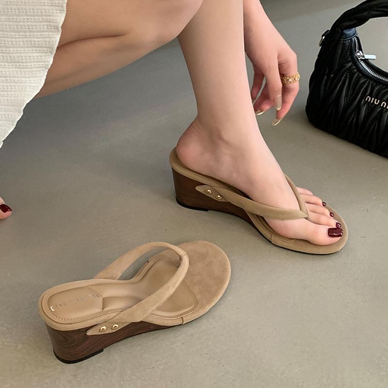 Fashion SUOJIALUN 2025 New Brand Women Sandal Fashion Narrow Band Ladies Elegant High Wedge Heel Slip On Flip Flops Outdoor Dress Sandal