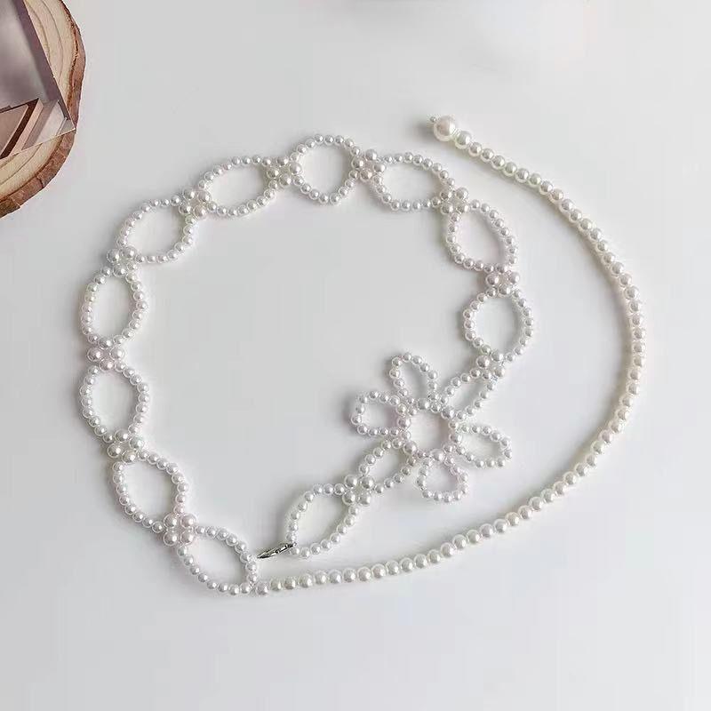

Fashion Flower Pearl Waist Chain Women s Suit Skirt Vintage Pearl-decorated Chain Hand-woven French Imitation Pearl Body Chain