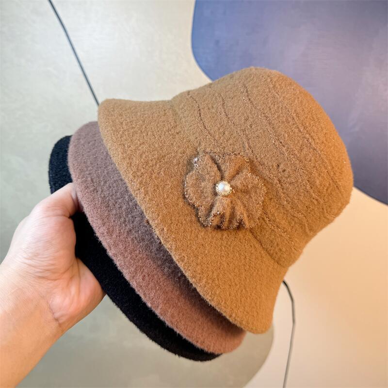 Basin Hat New Women's Autumn and Winter Foldable Fashion Warm Pearl Flower Bucket Hat