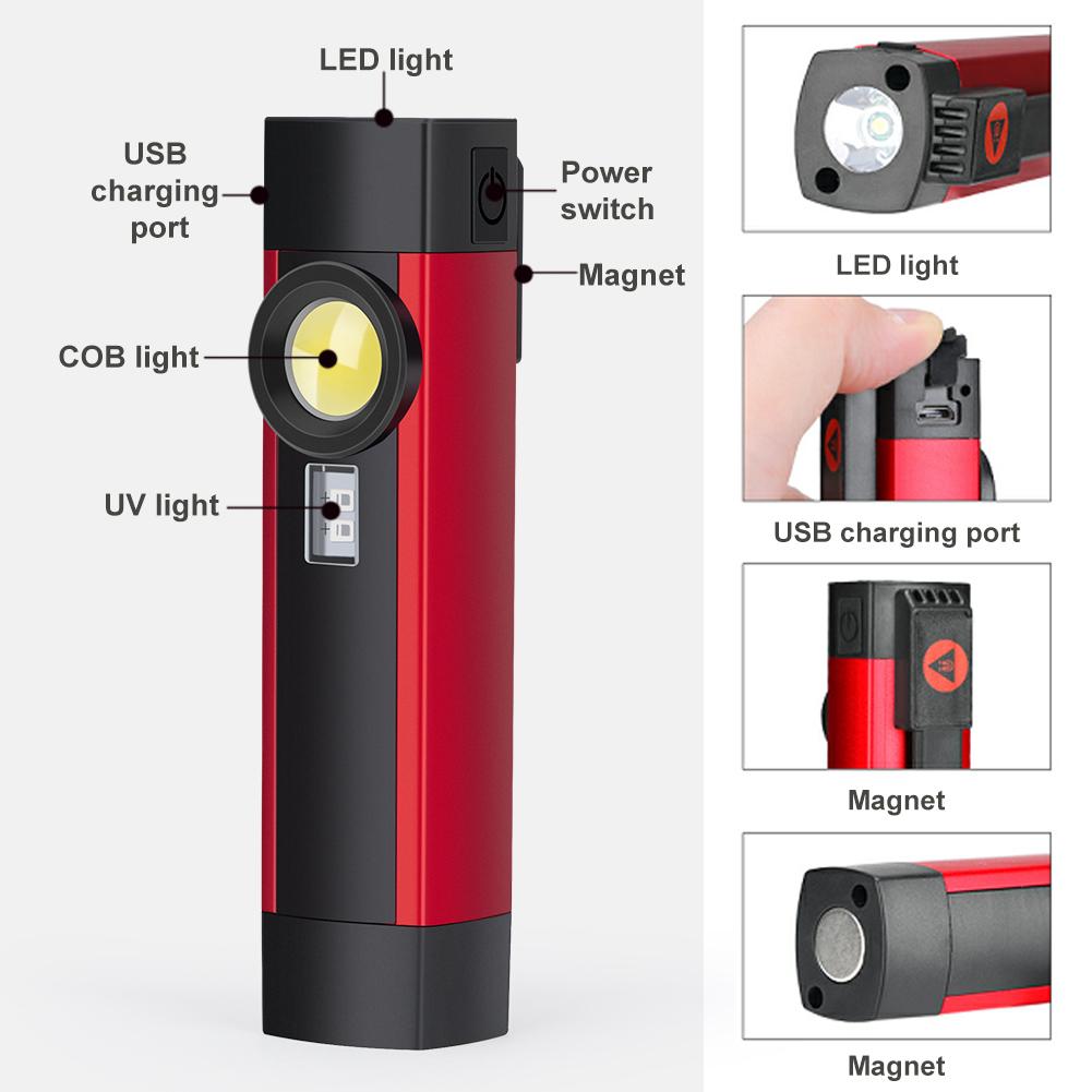 Z40 COB XPE LED Flashlight Camping USB Rechargable Flashlight Portable UV Torch Light 4 Modes Lighting Working Light with Magnet